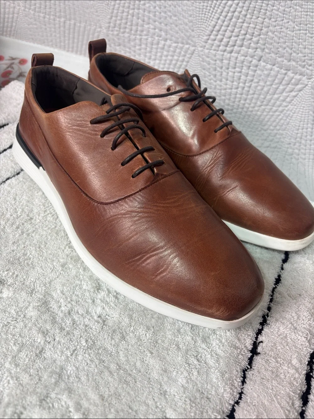 Men's Brown Leather Derby Oxfords with White Sole